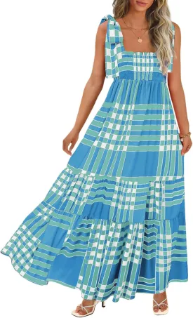 Women's Summer Maxi Dress Boho Spaghetti Straps Casual Long A-line Smocked Beach Dress Square Neck Flowy Sun Dress
