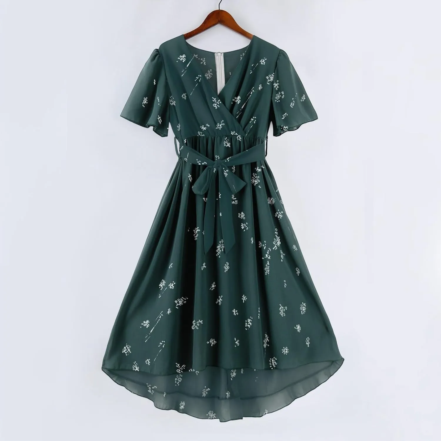 Womens Wedding Guest Dresses Boho Floral Chiffon Dressy Elegant V Neck Belted A Line Prom Cocktail Midi Dress