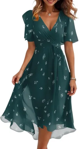 Womens Wedding Guest Dresses Boho Floral Chiffon Dressy Elegant V Neck Belted A Line Prom Cocktail Midi Dress