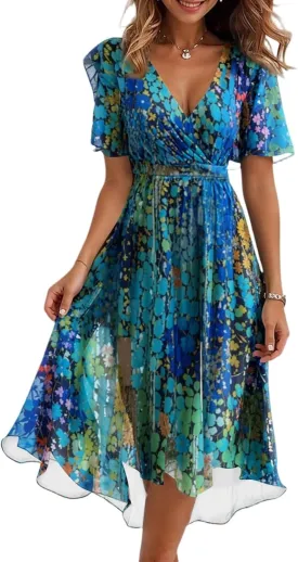 Womens Wedding Guest Dresses Boho Floral Chiffon Dressy Elegant V Neck Belted A Line Prom Cocktail Midi Dress
