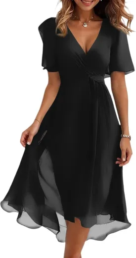 Womens Wedding Guest Dresses Boho Floral Chiffon Dressy Elegant V Neck Belted A Line Prom Cocktail Midi Dress