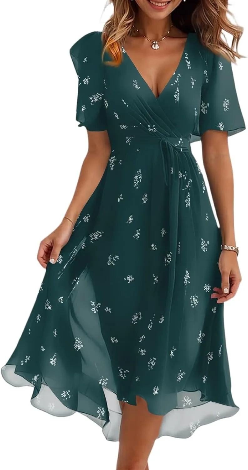 Womens Wedding Guest Dresses Boho Floral Chiffon Dressy Elegant V Neck Belted A Line Prom Cocktail Midi Dress