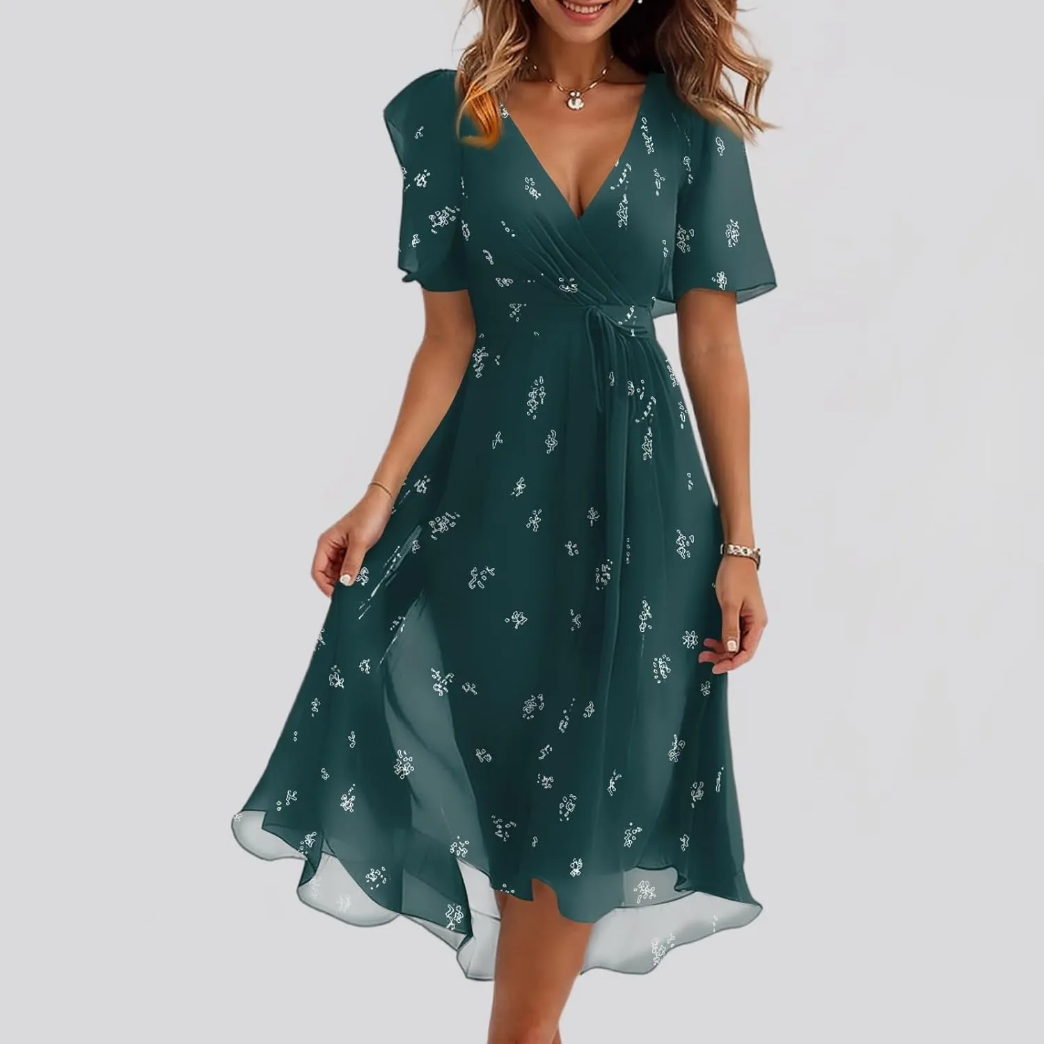 Womens Wedding Guest Dresses Boho Floral Chiffon Dressy Elegant V Neck Belted A Line Prom Cocktail Midi Dress
