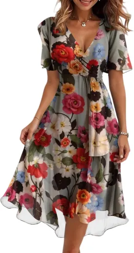 Womens Wedding Guest Dresses Boho Floral Chiffon Dressy Elegant V Neck Belted A Line Prom Cocktail Midi Dress
