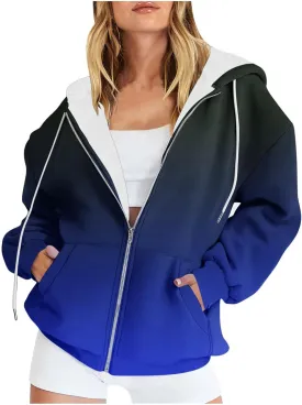 Womens Zip Up Hoodies Sherpa Lined Fleece Thermal Jacket Full Zip Long Sleeve Sweatshirts Gradient Color Shirts Coat