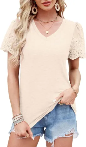 XIEERDUO Lace Puff Sleeve Tops for Women 2024 V Neck Shirts Womens Shirts Dressy Casual Loose Tops Summer Tee Shirt