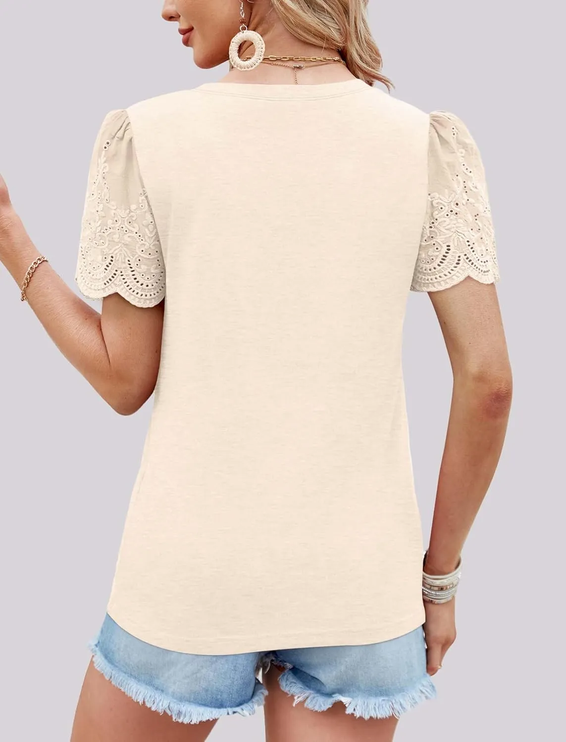 XIEERDUO Lace Puff Sleeve Tops for Women 2024 V Neck Shirts Womens Shirts Dressy Casual Loose Tops Summer Tee Shirt