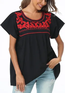 YZXDORWJ Women's Embroidered Mexican Peasant Blouse Mexico Summer Shirt Short Sleeve