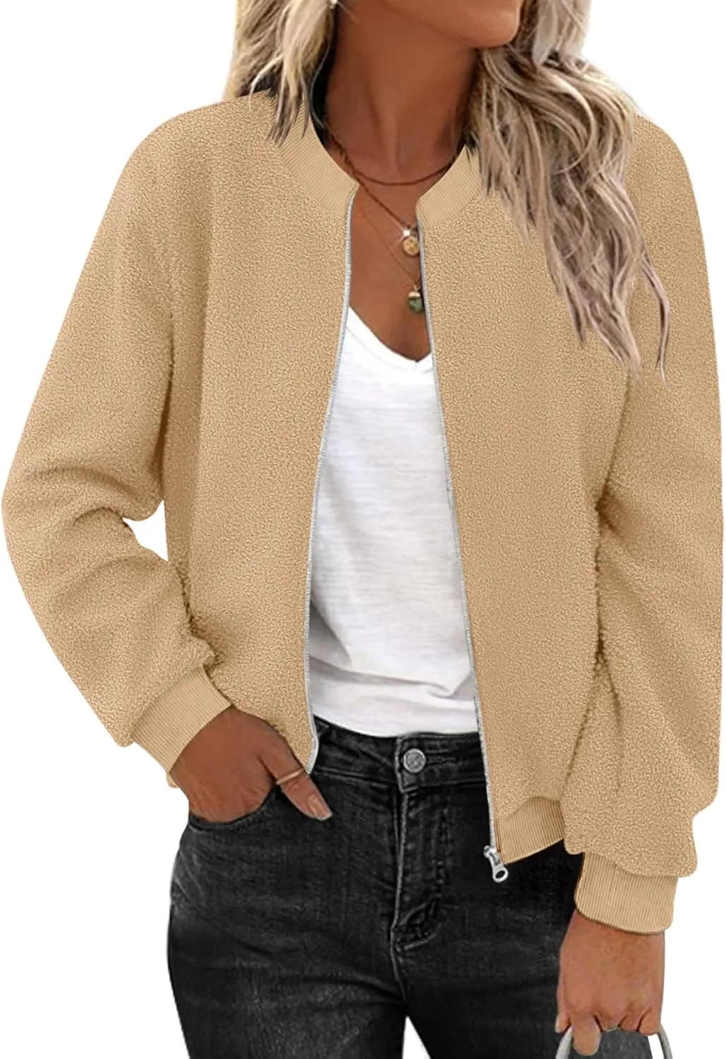 Zeagoo Women's Sherpa Fleece Jacket Long Sleeve Faux Fuzzy Casual Zip Up Bomber Coat With Pocket S-XXL