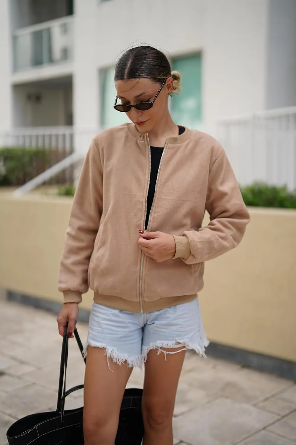Zeagoo Women's Sherpa Fleece Jacket Long Sleeve Faux Fuzzy Casual Zip Up Bomber Coat With Pocket S-XXL