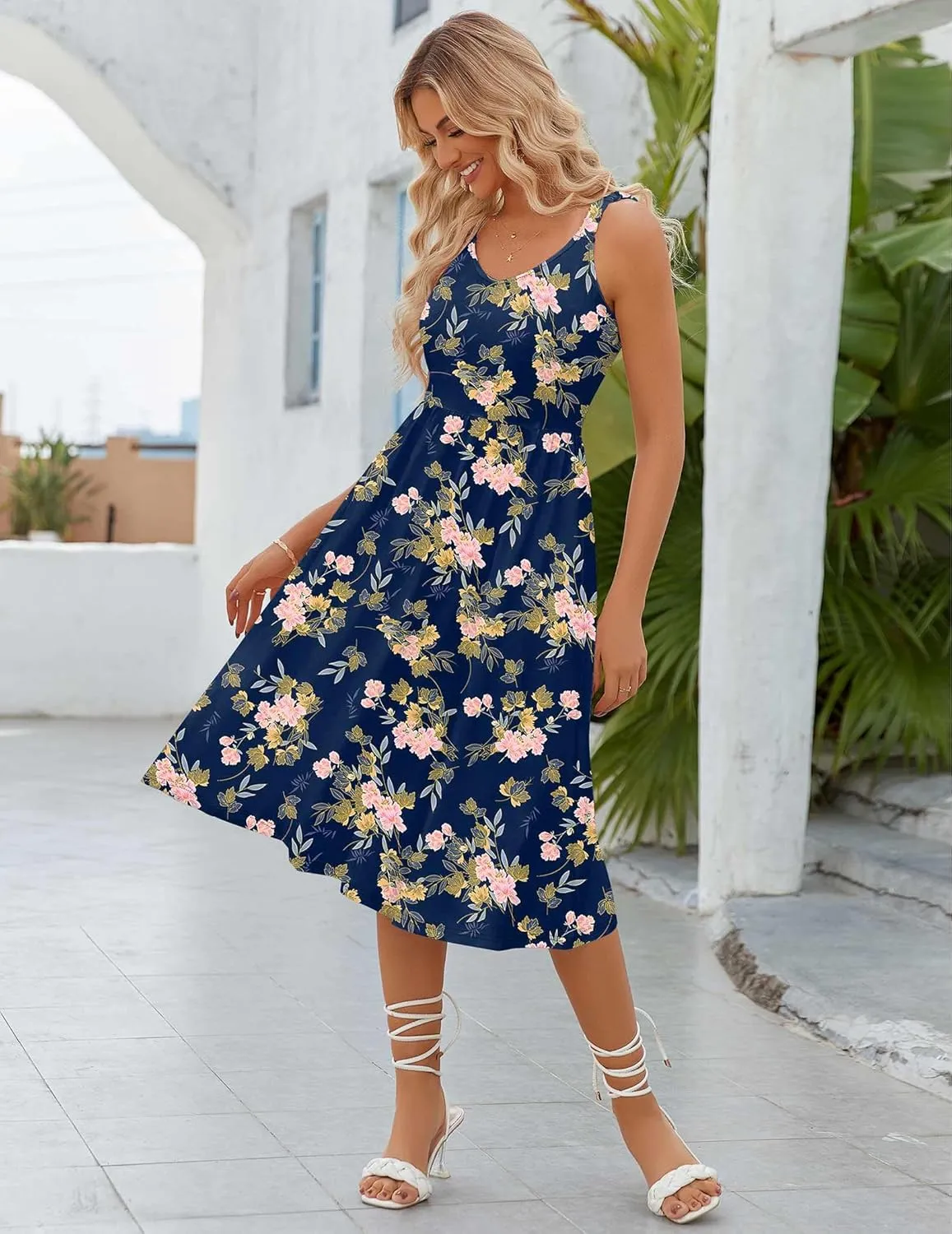 Zeagoo Womens Summer Dress Casual Flutter Boho Floral V Neck Flowy Midi A-Line Beach Vacation Sundresses with Pockets