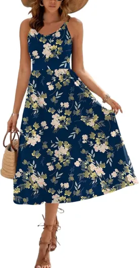 Zeagoo Womens Summer Dress Casual Flutter Boho Floral V Neck Flowy Midi A-Line Beach Vacation Sundresses with Pockets
