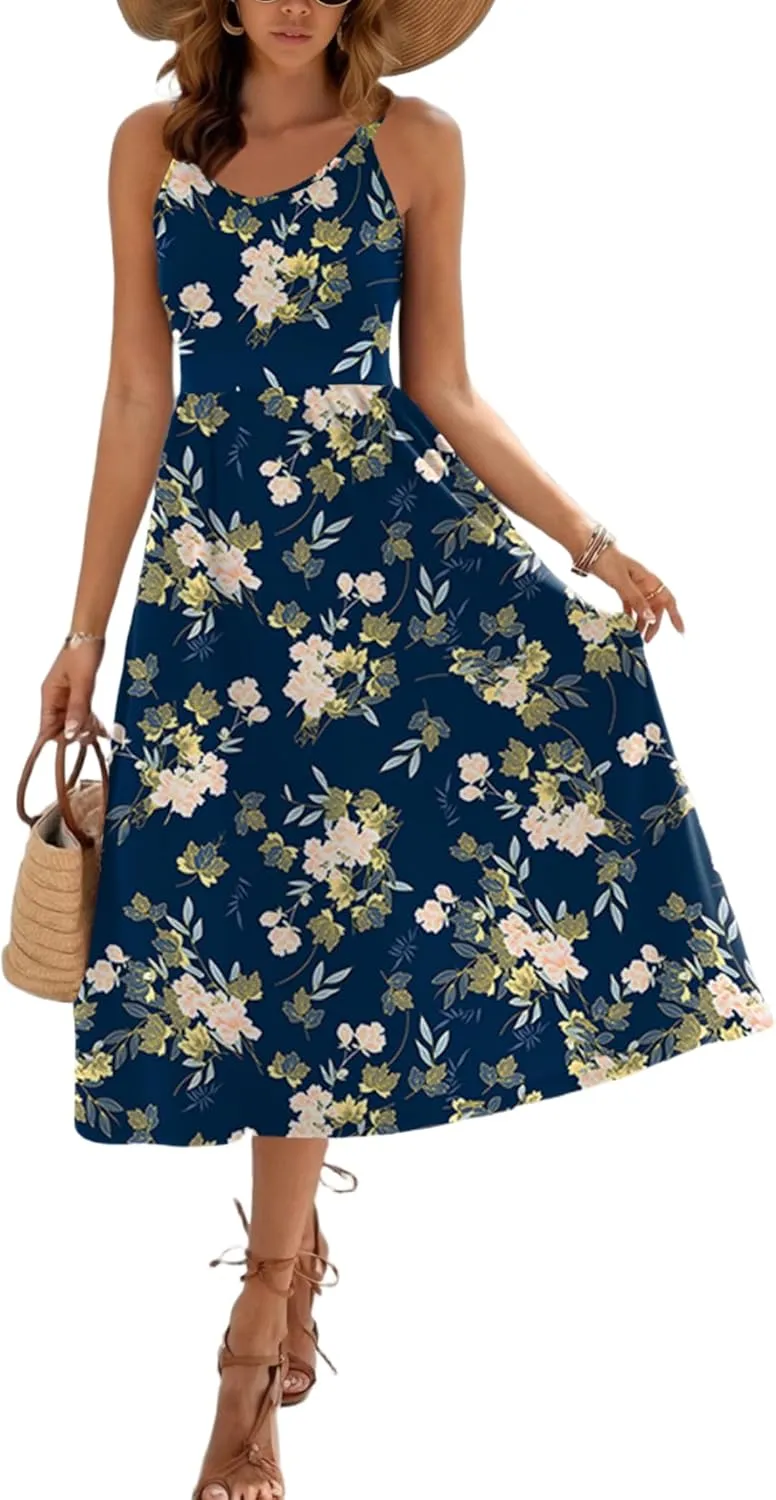 Zeagoo Womens Summer Dress Casual Flutter Boho Floral V Neck Flowy Midi A-Line Beach Vacation Sundresses with Pockets