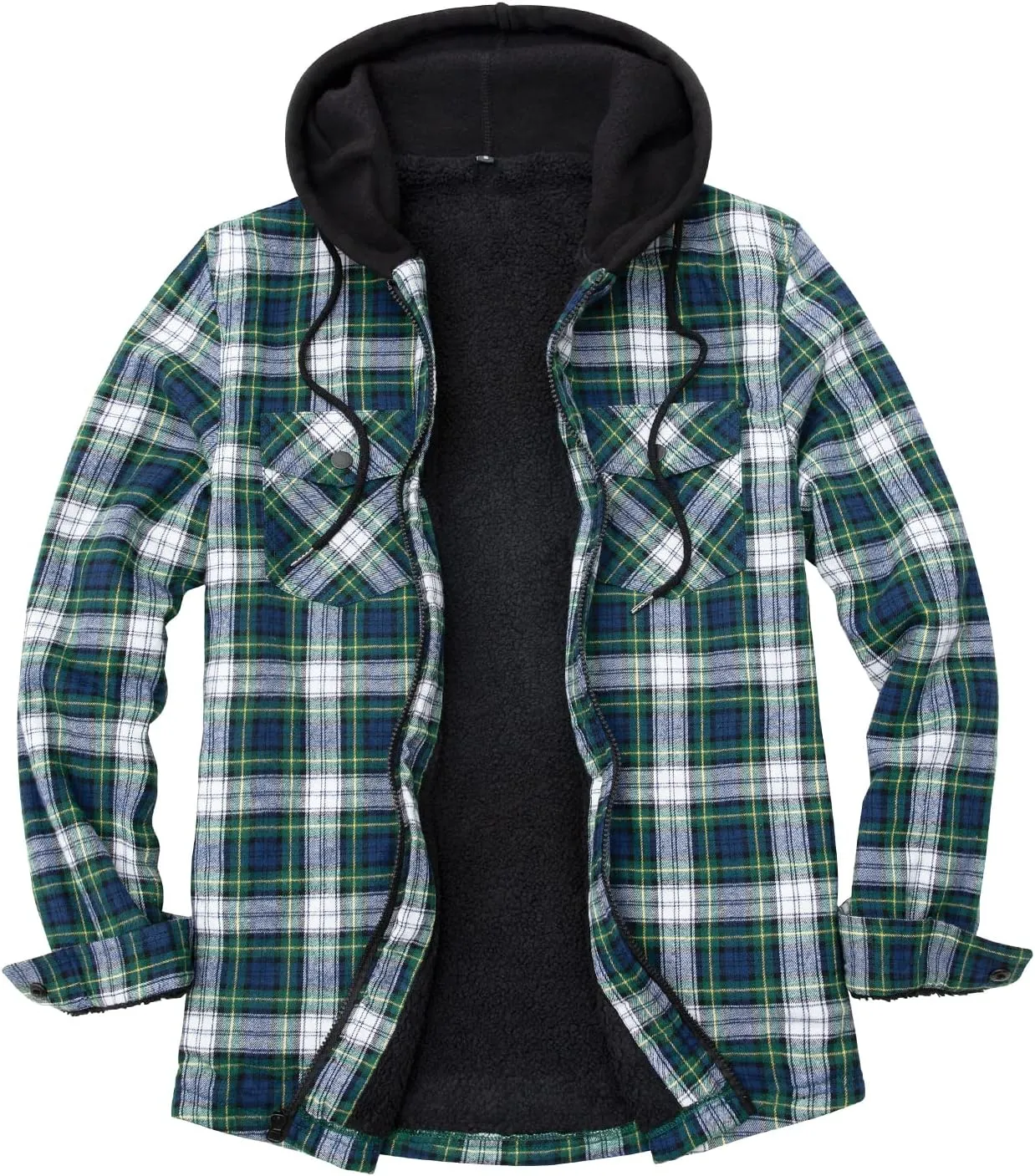 ZENTHACE Men's Sherpa Lined Full Zip Hooded Plaid Shirt Jacket