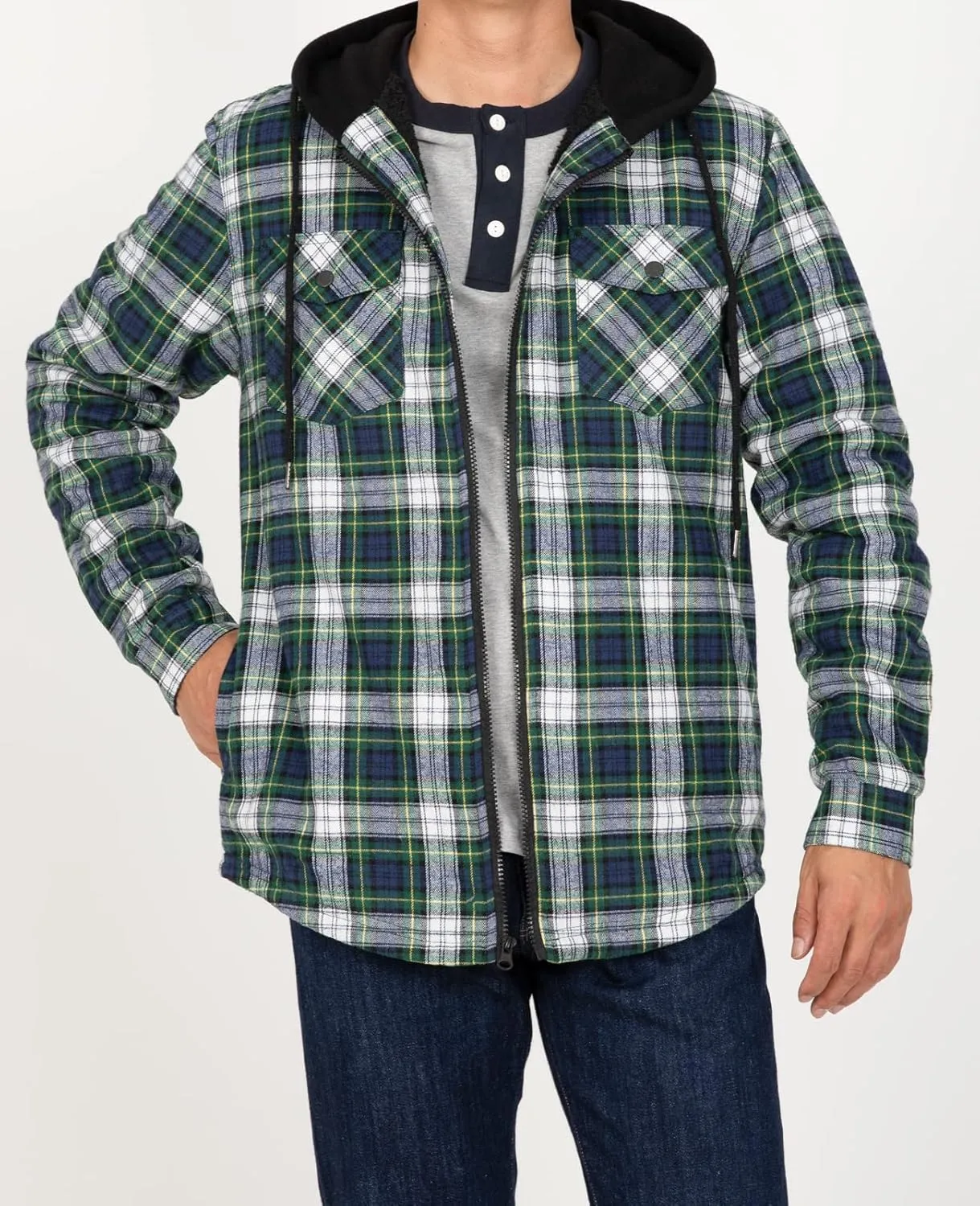 ZENTHACE Men's Sherpa Lined Full Zip Hooded Plaid Shirt Jacket