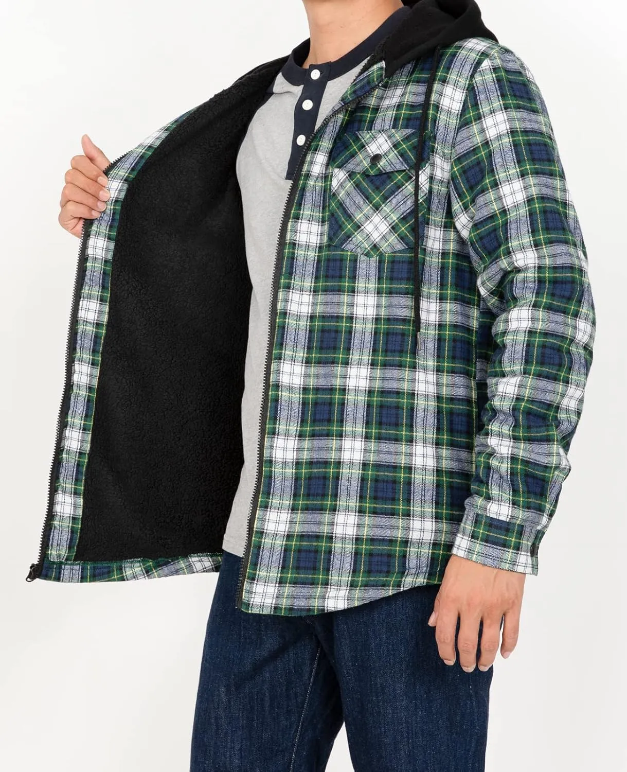 ZENTHACE Men's Sherpa Lined Full Zip Hooded Plaid Shirt Jacket