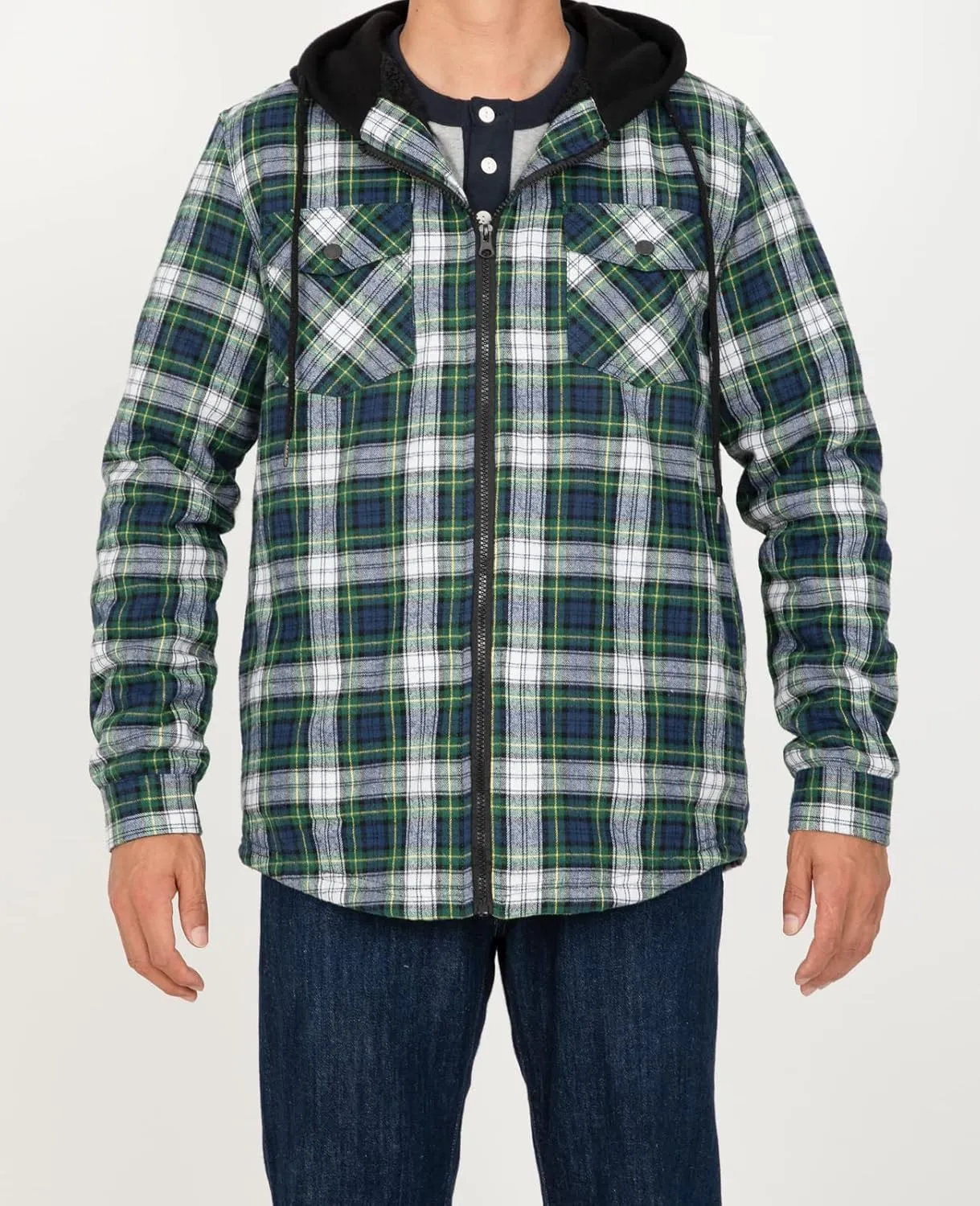 ZENTHACE Men's Sherpa Lined Full Zip Hooded Plaid Shirt Jacket