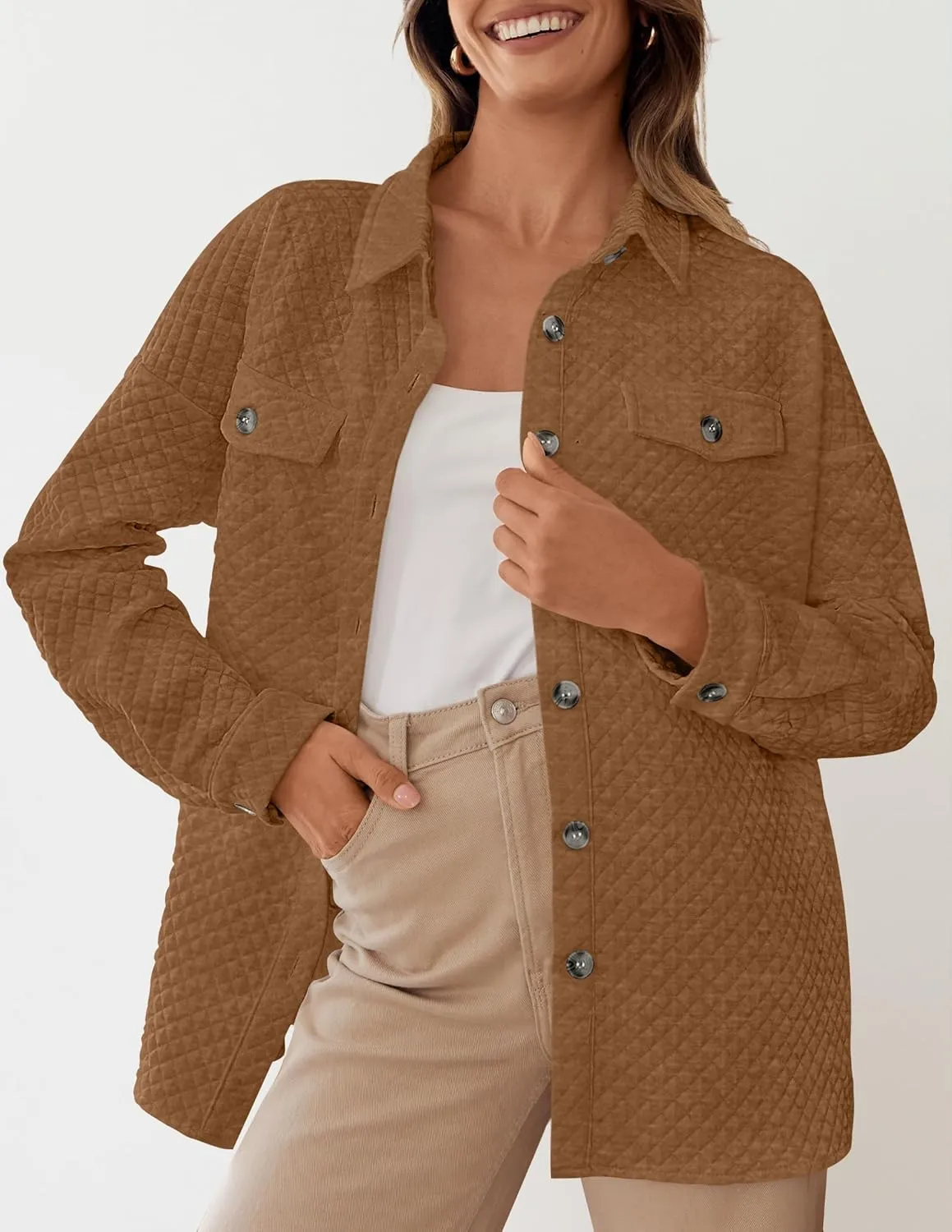 ZESICA Women's Casual Long Sleeve Button Down Loose Lightweight Shacket Shirt Jacket Coat Outerwear with Pockets