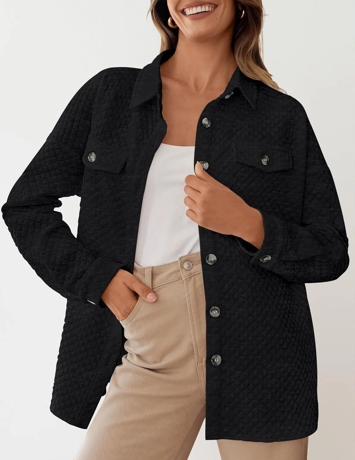 ZESICA Women's Casual Long Sleeve Button Down Loose Lightweight Shacket Shirt Jacket Coat Outerwear with Pockets