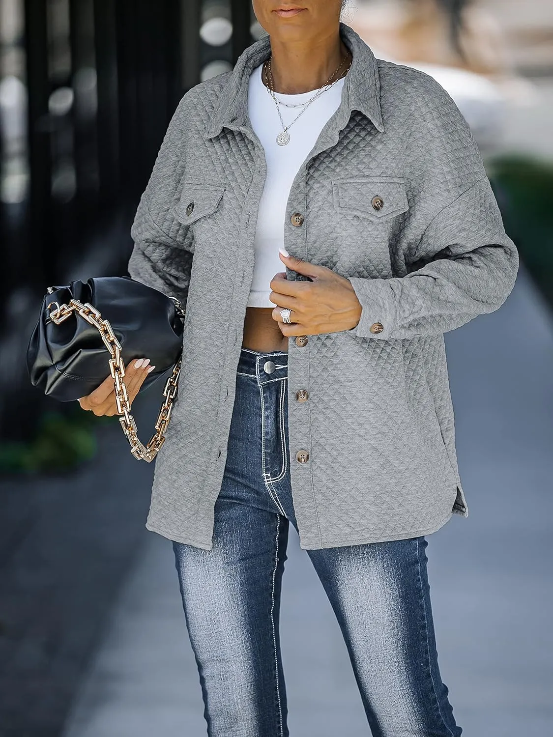 ZESICA Women's Casual Long Sleeve Button Down Loose Lightweight Shacket Shirt Jacket Coat Outerwear with Pockets
