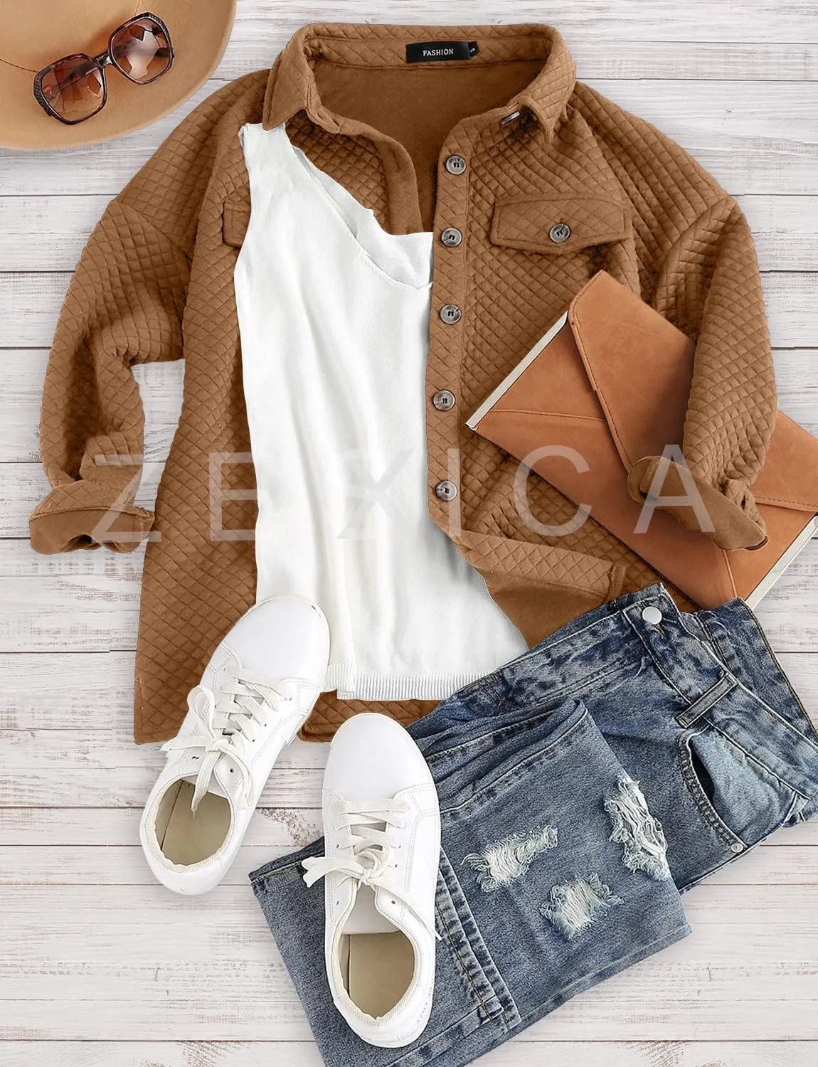 ZESICA Women's Casual Long Sleeve Button Down Loose Lightweight Shacket Shirt Jacket Coat Outerwear with Pockets