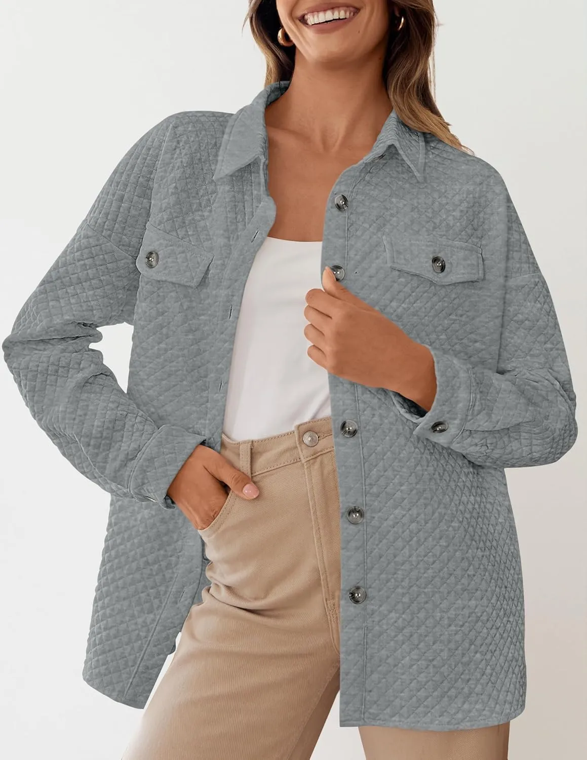 ZESICA Women's Casual Long Sleeve Button Down Loose Lightweight Shacket Shirt Jacket Coat Outerwear with Pockets