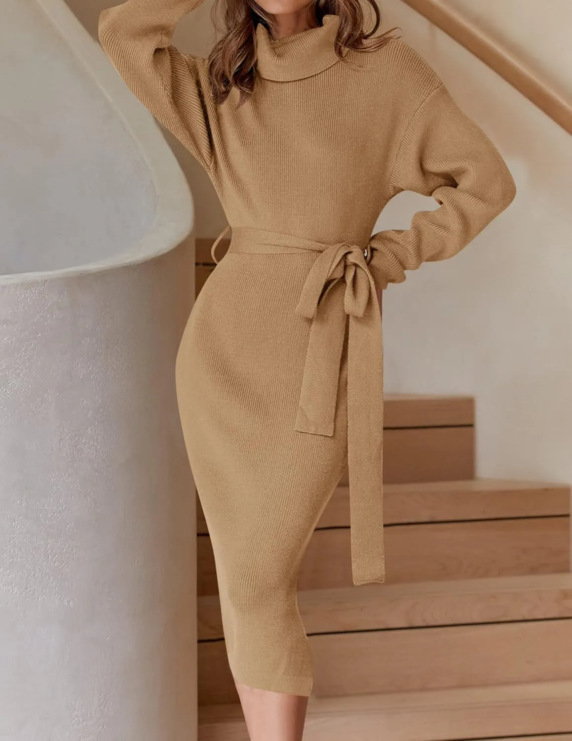 ZESICA Women's Turtleneck Sweater Midi Dress Long Sleeve Ribbed Knit Bodycon Slit Dress with Belt